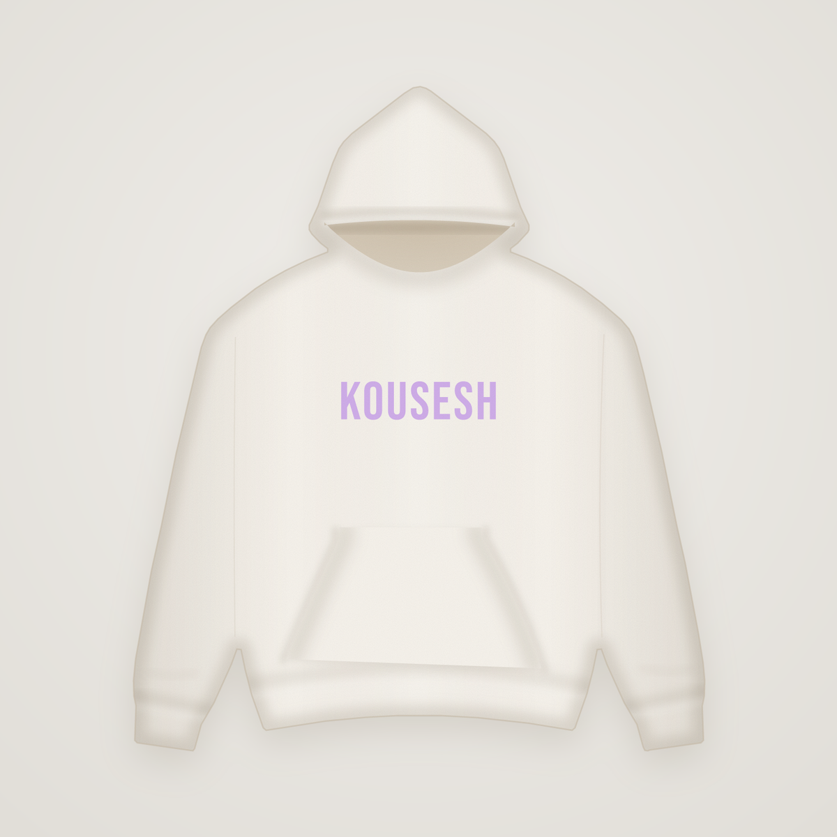 Draft 01: light off-white hoodie with KOUSESH printed in lilac across the chest